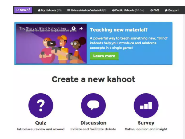 Opciones para crear un nuevo Kahoot