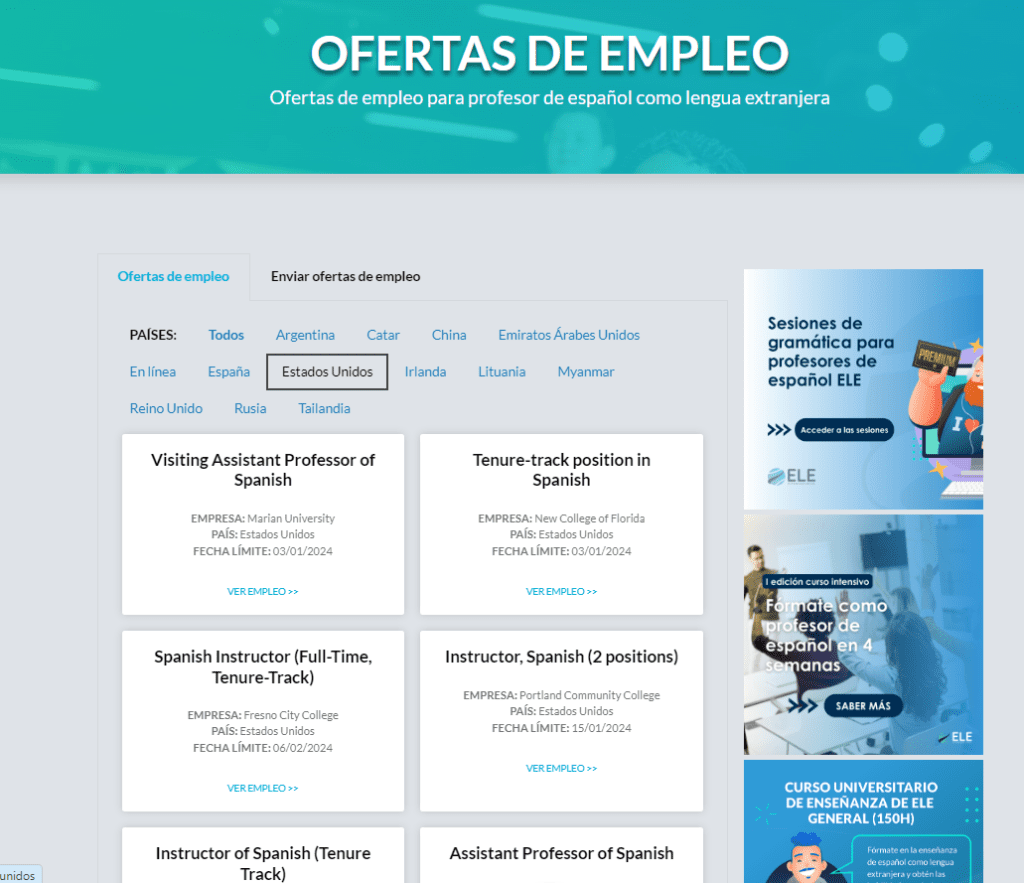 Ofertas de empleo ELE en universidades de Estados Unidos