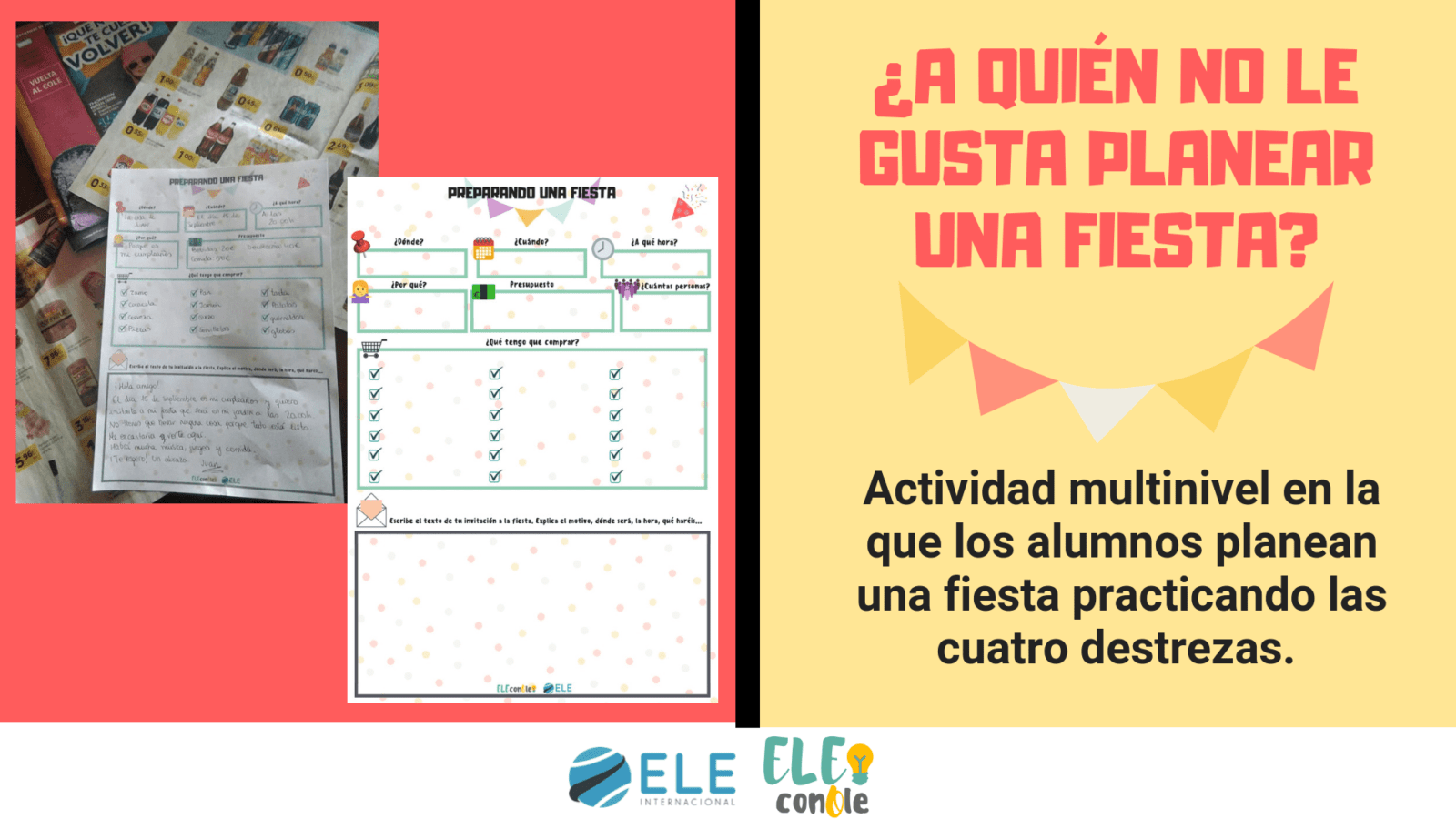 Planear una fiesta en clase de ELE para conocer las destrezas de los alumnos. Una ficha multinivel útil para practicar español. #activity #spanishteacher