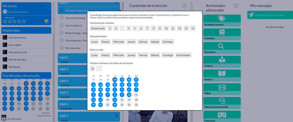 Planificador del curso de inglés